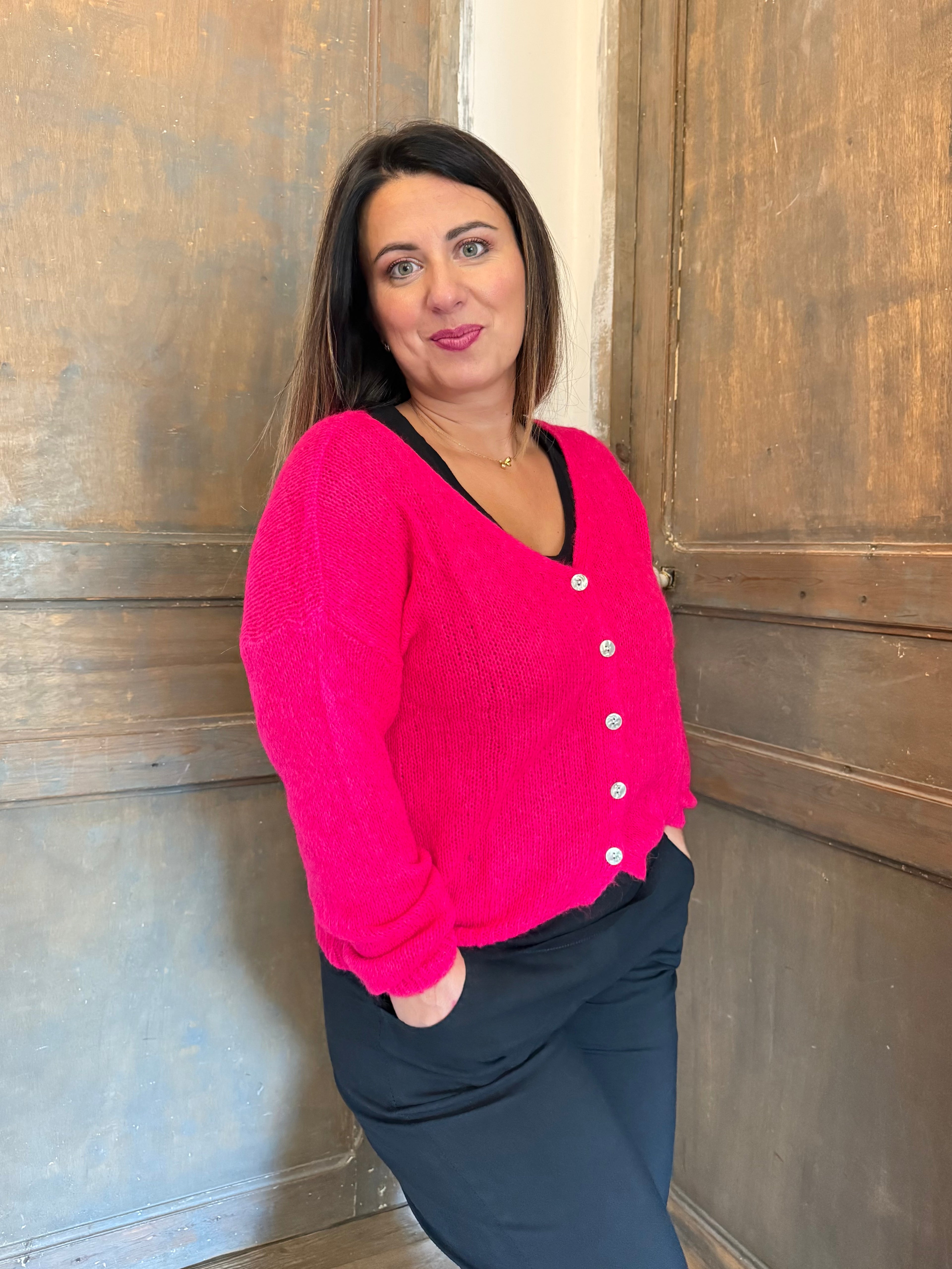 Gilet fushia à manches longues en Mohair