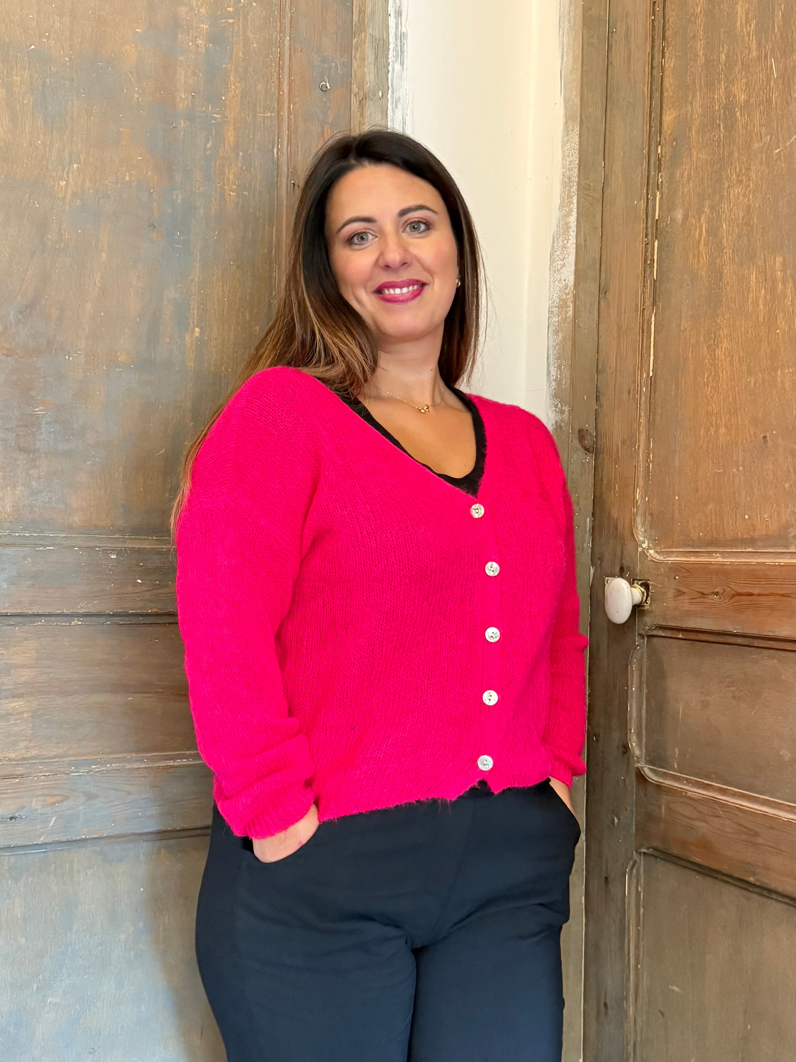 Gilet fushia à manches longues en Mohair